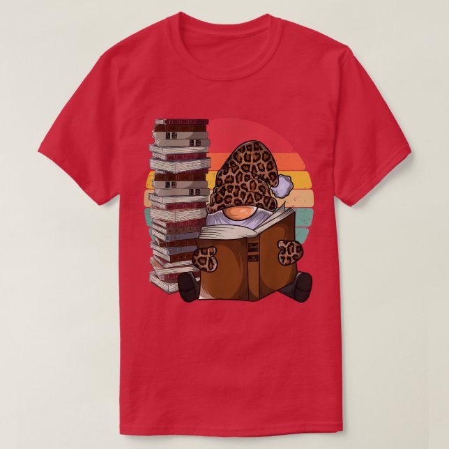 Leopard garden gnome reading books, sunset gnomes  T-Shirt (Design Front)