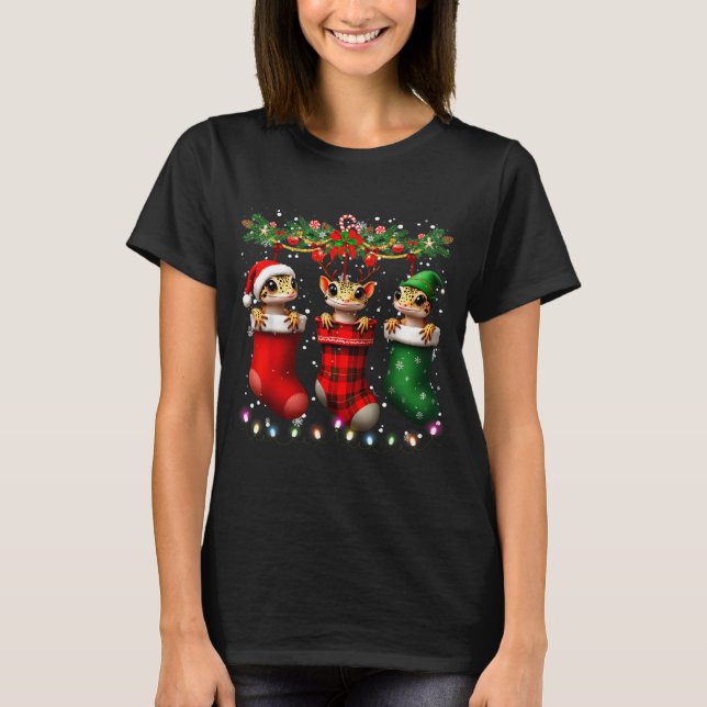 Leopard Gecko In Christmas Socks Lights Leopard Ge T-Shirt (Front)