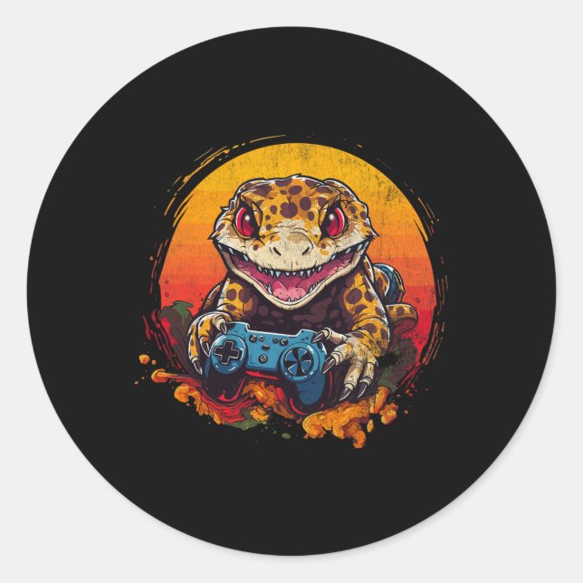 Leopard Gecko Playing Video Game Lizard And Reptil Classic Round Sticker (Front)