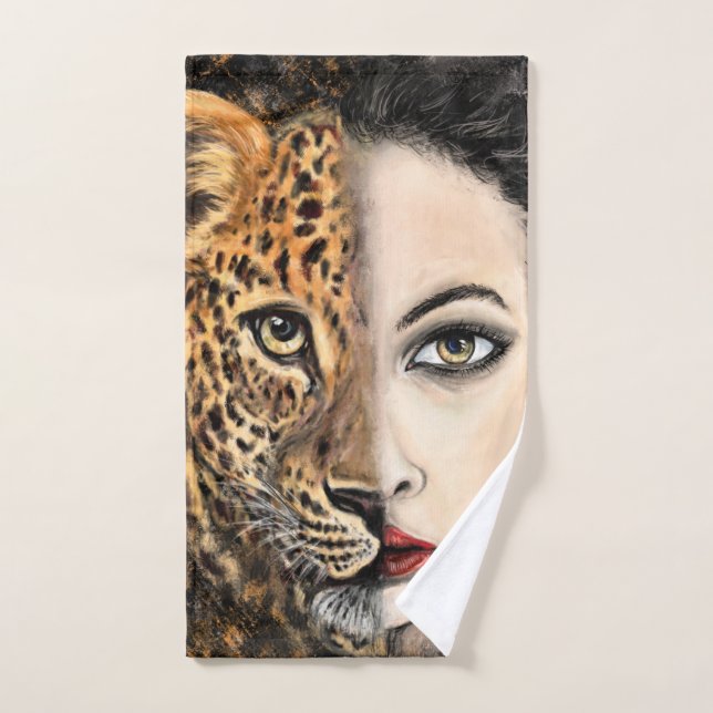 Leopard Girl Face Fantasy Bath Towels Painting (Hand Towel)