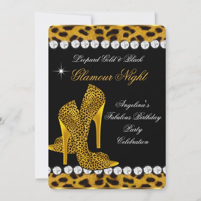 Leopard Gold Black Glamour Night Glitter Shoes Invitation (Front)