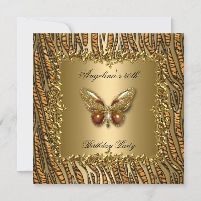 Leopard Gold Butterfly Birthday Party 50th Invitation (Front)