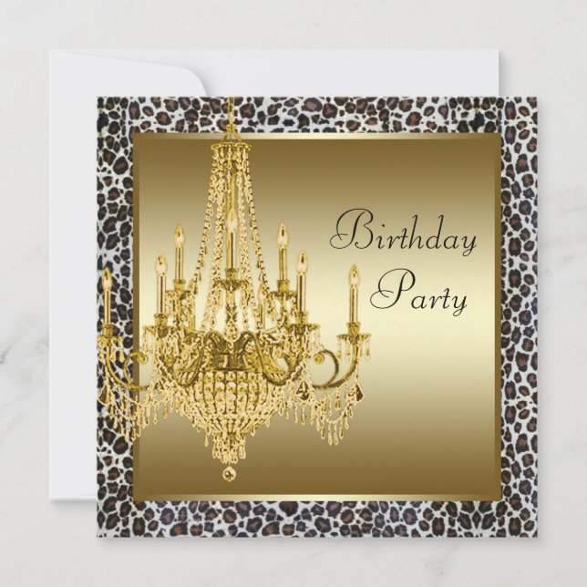 Leopard Gold Chandelier Birthday Party Invitations (Front)
