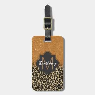 Leopard & Gold Faux Glitter Brushstroke Monogram Luggage Tag