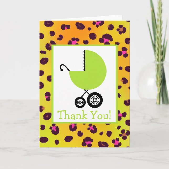 Leopard & Green Carriage Baby Shower Thank You (Front)