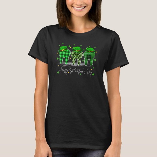 Leopard Green Tooth Leprechaun Hat Happy St Patric T-Shirt (Front)