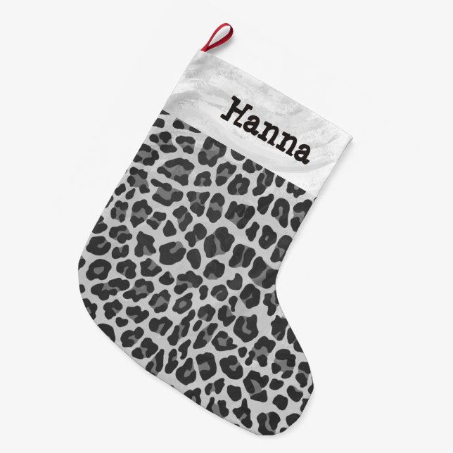 Leopard Grey and Light Grey Print Large Christmas Stocking (Front (Hanging))