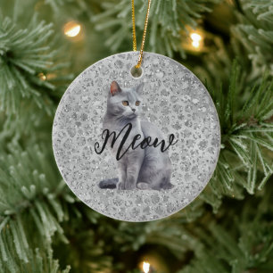 Leopard Grey Meow Kitty Cat Ceramic Tree Decoration