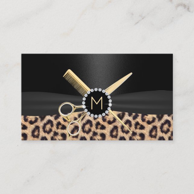 Leopard Hair Stylist Gold Scissor & Comb Luxury Business Card (Front)