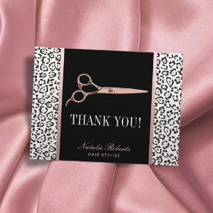 Leopard Hair Stylist Rose Gold Scissor Thank You Postcard