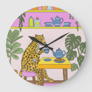 Leopard Having Tea Large Clock