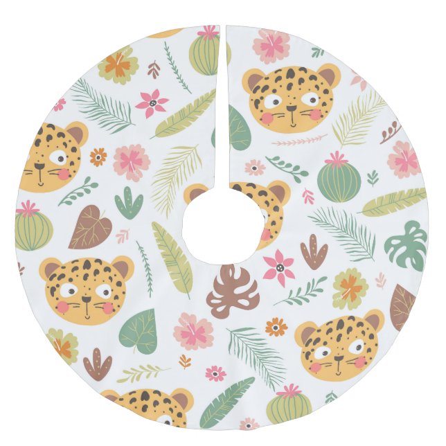 Leopard Head Tropical Plants Pattern Brushed Polyester Tree Skirt (Front)