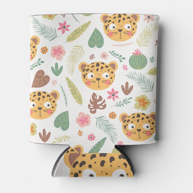 Leopard Head Tropical Plants Pattern Can Cooler (Front)