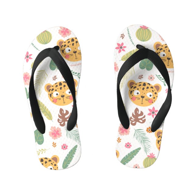 Leopard Head Tropical Plants Pattern Kid's Flip Flops (Footbed)