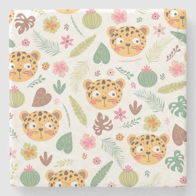 Leopard Head Tropical Plants Pattern Stone Coaster (Front)
