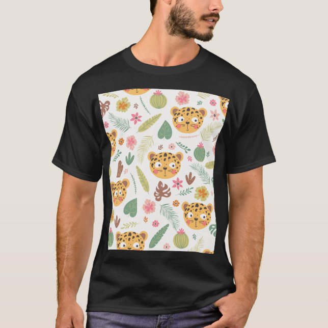 Leopard Head Tropical Plants Pattern T-Shirt (Front)
