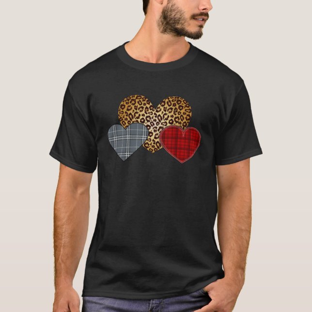 Leopard Heart Buffalo Red Black Plaid Heart Valent T-Shirt (Front)