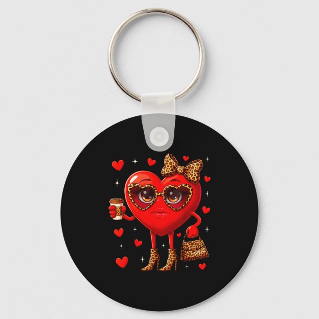 Leopard Heart Drinking Coffee Valentines Day Women Key Ring (Front)