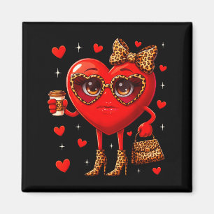 Leopard Heart Drinking Coffee Valentines Day Women Magnet