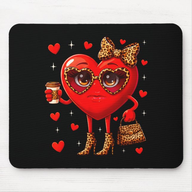 Leopard Heart Drinking Coffee Valentines Day Women Mouse Mat (Front)