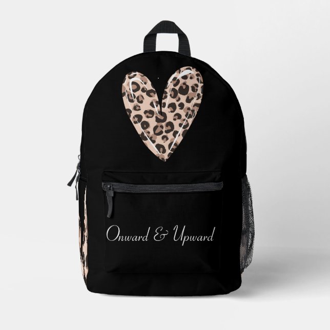 Leopard Heart Explorer: Onward & Upward Black Printed Backpack (Front)