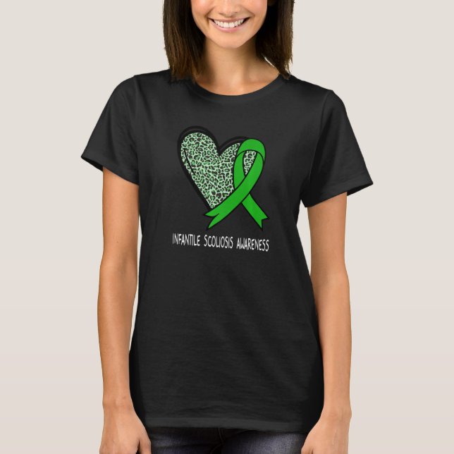 Leopard Heart Infantile Scoliosis Awareness Green  T-Shirt (Front)
