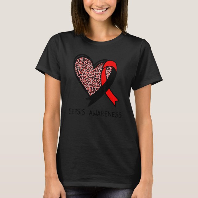 Leopard Heart Sepsis Awareness Red & Black Ribbon T-Shirt (Front)