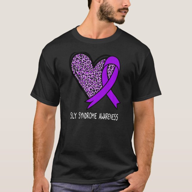 Leopard Heart Sly Syndrome Awareness Purple Ribbon T-Shirt (Front)