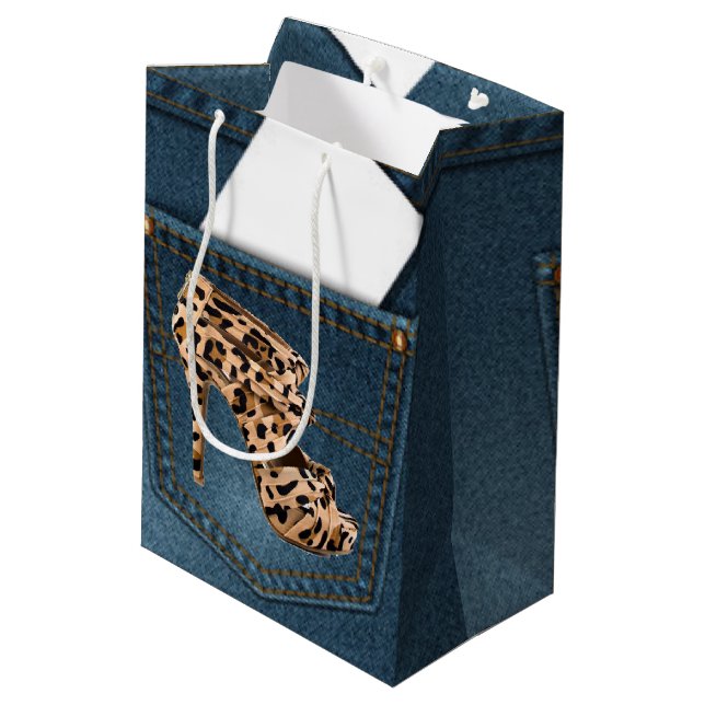 Leopard High Heel & Blue Jean Pattern Pocket Jean. Medium Gift Bag (Back Angled)