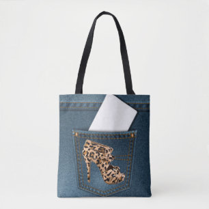 Leopard High Heel & Blue Jean Pattern Pocket Jean. Tote Bag