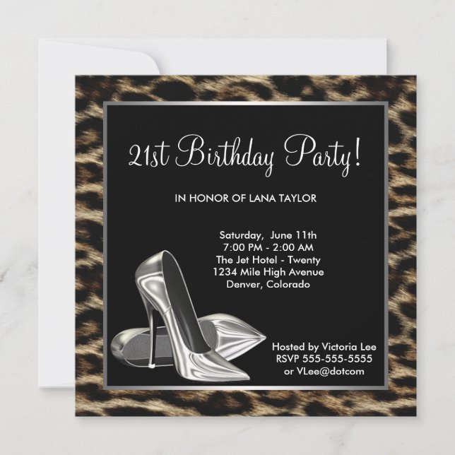 Leopard High Heel Shoe Womans Birthday Invitation (Front)