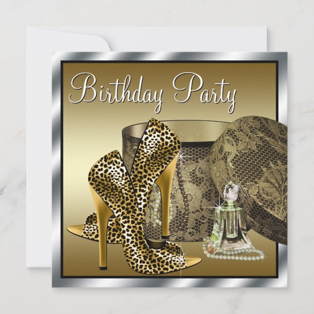 Leopard High Heel Shoes Black Gold Womans Birthday Invitation (Front)