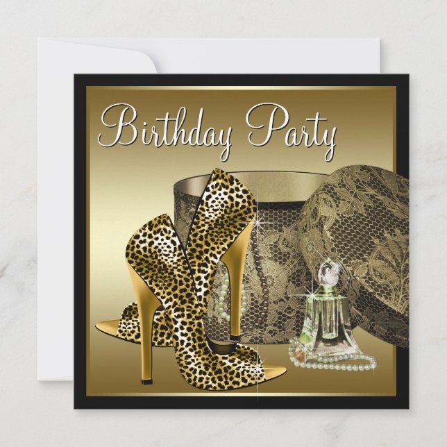Leopard High Heel Shoes Black Gold Womans Birthday Invitation (Front)