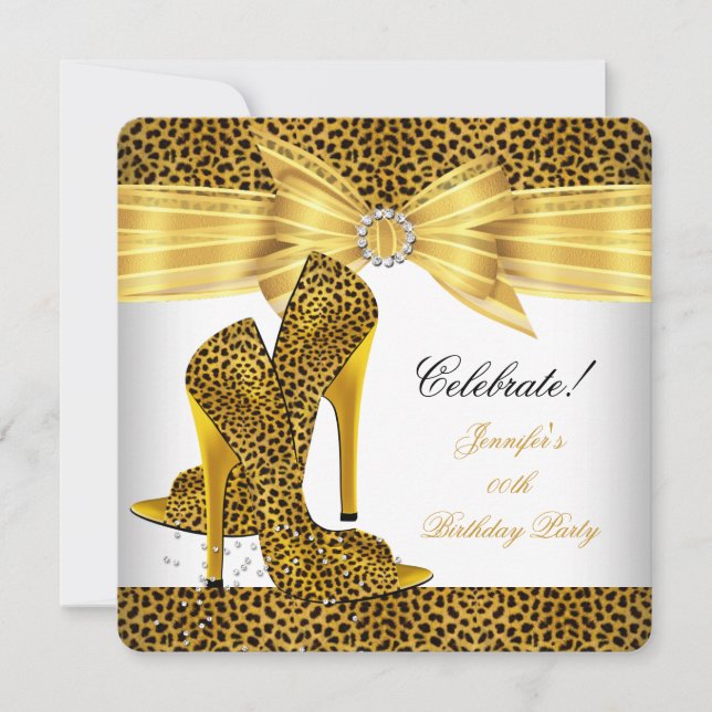 Leopard High Heels Shoes Gold White Birthday Party Invitation (Front)