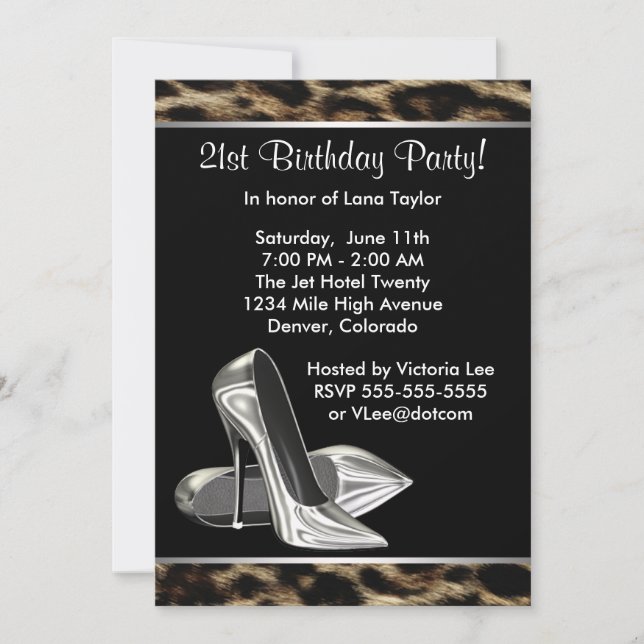 Leopard High Heels Womans 21st Birthday Party Invitation (Front)