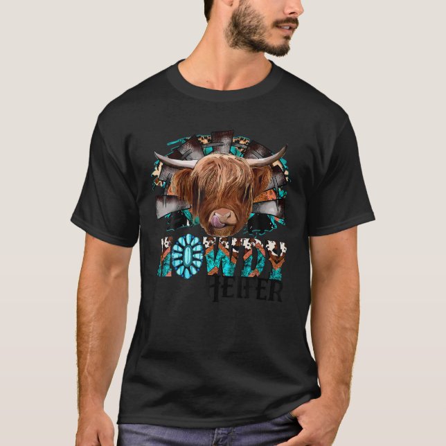 Leopard Highland Cow Howdy Heifer Western Country T-Shirt (Front)