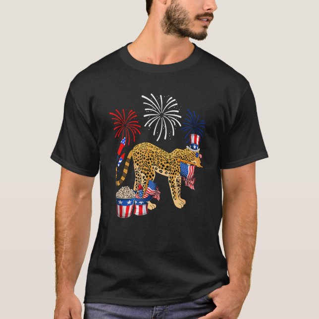 Leopard Holding American Flag Sunglasses Happy 4th T-Shirt (Front)