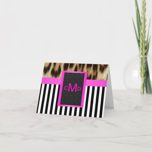 Leopard Hot Pink Black White Stripe Monogram Thank You Card (Front)