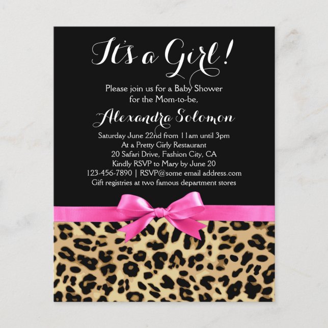 Leopard Hot Pink Bow Its a Girl Safari Baby Shower (Front)
