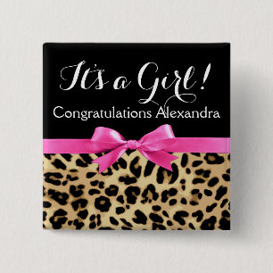 Leopard Hot Pink Bow Its a Girl Safari Baby Shower 15 Cm Square Badge