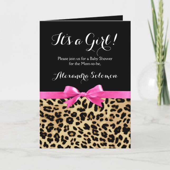Leopard Hot Pink Bow Its a Girl Safari Baby Shower Invitation (Front)