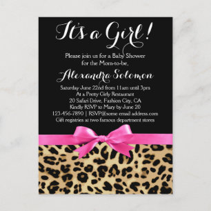 Leopard Hot Pink Bow Its a Girl Safari Baby Shower Invitation Postcard
