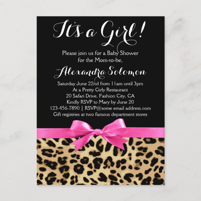 Leopard Hot Pink Bow Its a Girl Safari Baby Shower Invitation Postcard (Front)