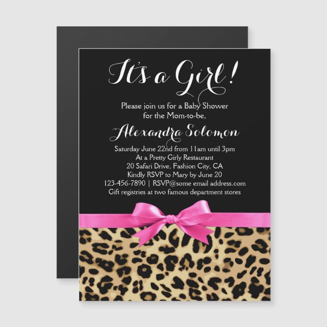 Leopard Hot Pink Bow Its a Girl Safari Baby Shower Magnetic Invitation (Front/Back)