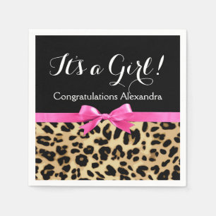 Leopard Hot Pink Bow Its a Girl Safari Baby Shower Napkin