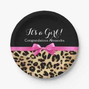 Leopard Hot Pink Bow Its a Girl Safari Baby Shower Paper Plate