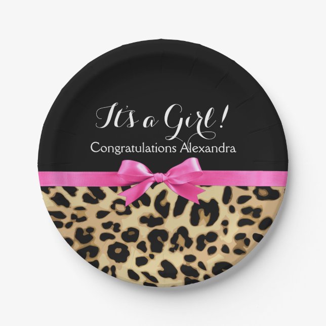 Leopard Hot Pink Bow Its a Girl Safari Baby Shower Paper Plate (Front)