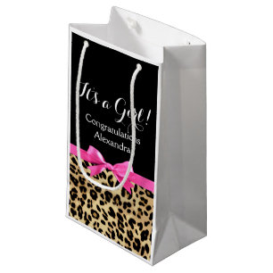 Leopard Hot Pink Bow Its a Girl Safari Baby Shower Small Gift Bag