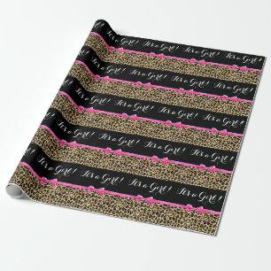 Leopard Hot Pink Bow Its a Girl Safari Baby Shower Wrapping Paper