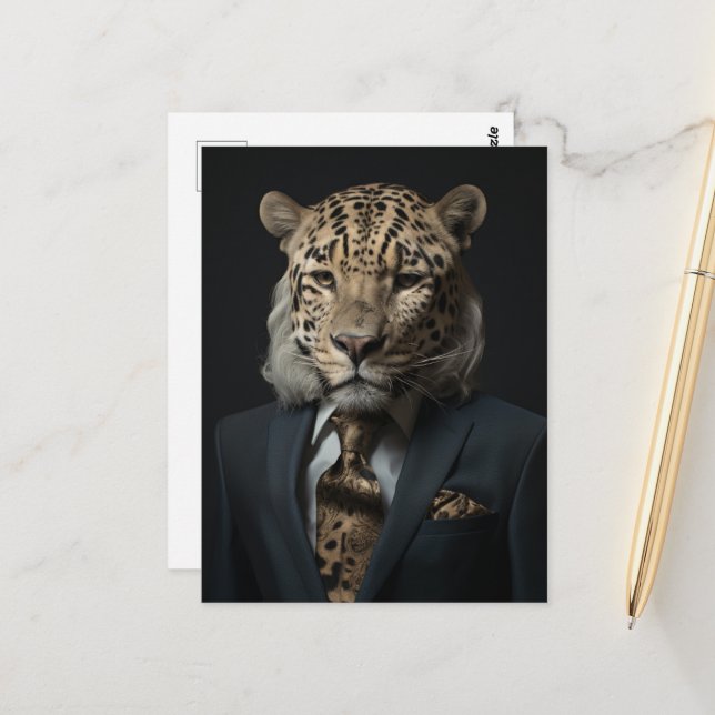 Leopard in a Business Suit fantasy art Postcard (Front/Back In Situ)